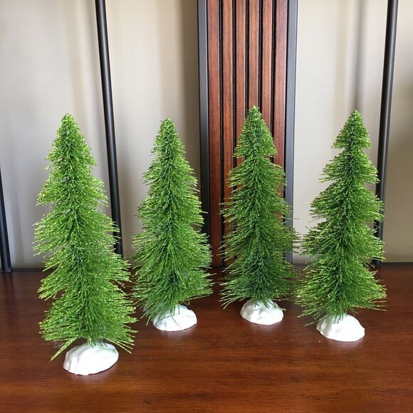 4 Green Glitter Tabletop Decor Bottle Brush Christmas Trees Snow Base 9" x 4" - Picture 6 of 12
